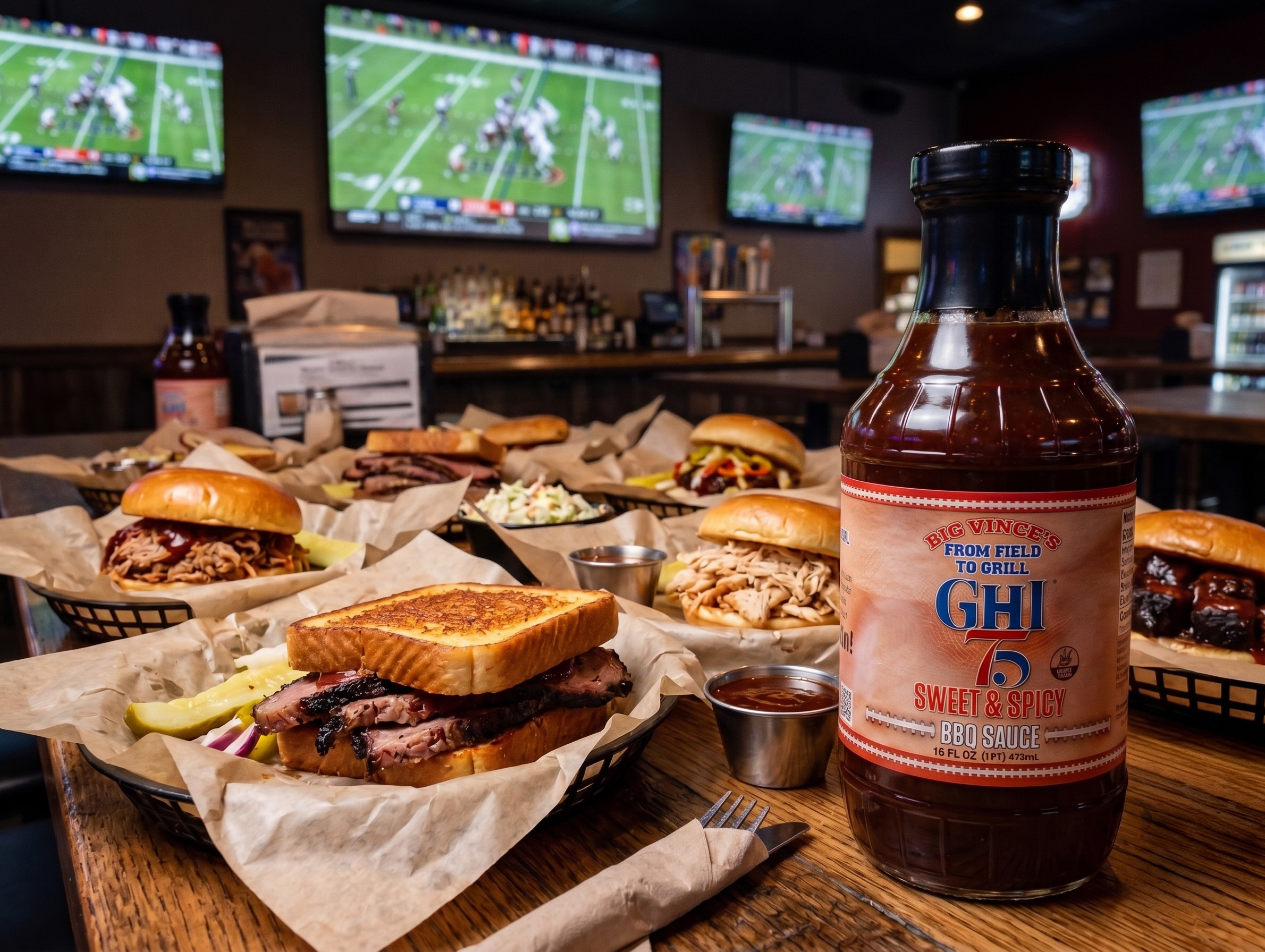 GHI 75 Sauce on a Game On! grill with brisket, ribs, and sausage